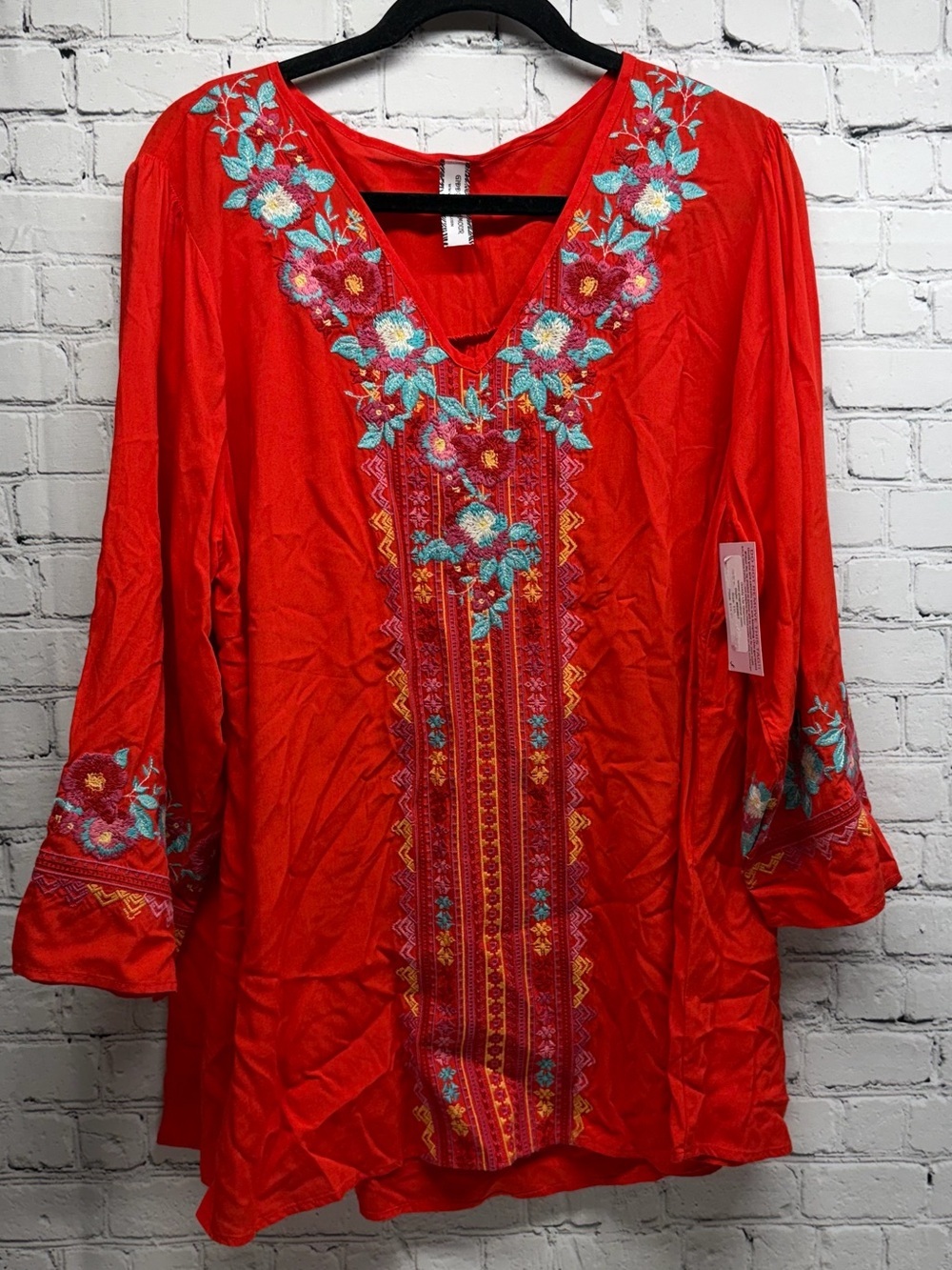 Giddy up Glamour Embroidered V-Neck Red Women's Tunic Top size 1X